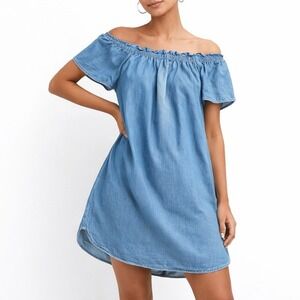 Style Envy Tencel Chambray Dress L Off Shoulder Blue Boho Casual Summer Mini New